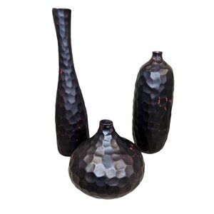 Oriental Style Black Polyresin Vase Set – 3 Textured Honeycomb Vases, Asian Deco